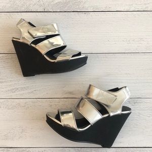 Silver metallic platform wedge heels size 5.5